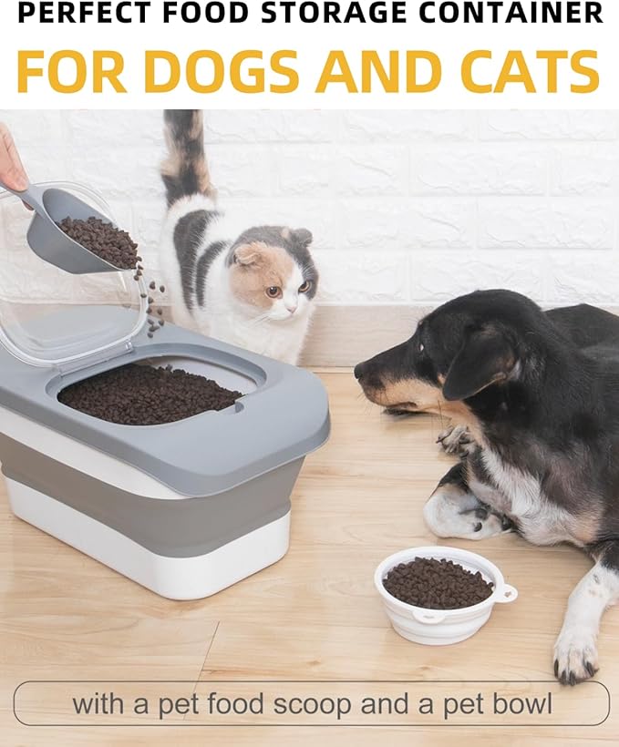 HOYTAMDAR 13 Lbs Dog Food Container, Collapsible Dog Food Storage Container with Airtight Lid, Cat Food Storage container Dry Food for Pets, Rice, Cereal, Silicone Pet Bowl and Dog Food Scoop
