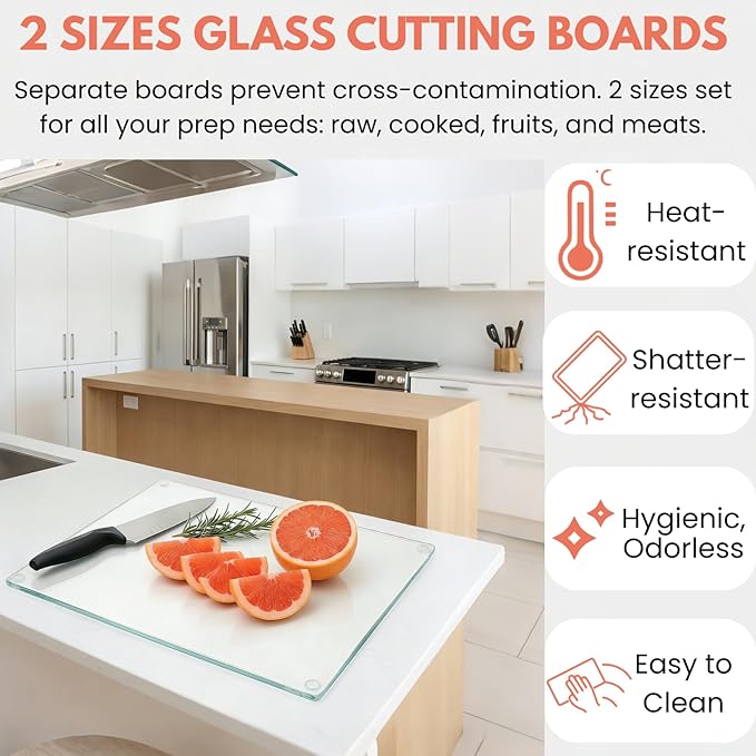 Hacaroa 4 Pack Tempered Glass Cutting Board with Rubber Feet, Rectangle Non-slip Chopping Board, Long Lasting Clear Glass Tray for Kitchen Countertop, Table, Shatter-Resistant, Heat-Resistant, 2 Size