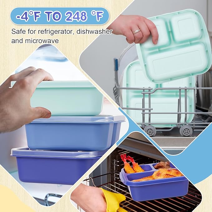 Honeydak 5 Pack Snack Containers 3 Compartment Bento Snack Boxes Divided Meal Prep Containers with Lids Reusable Adults Lunch Food Storage Box for School Work Travel (Blue Ombre)