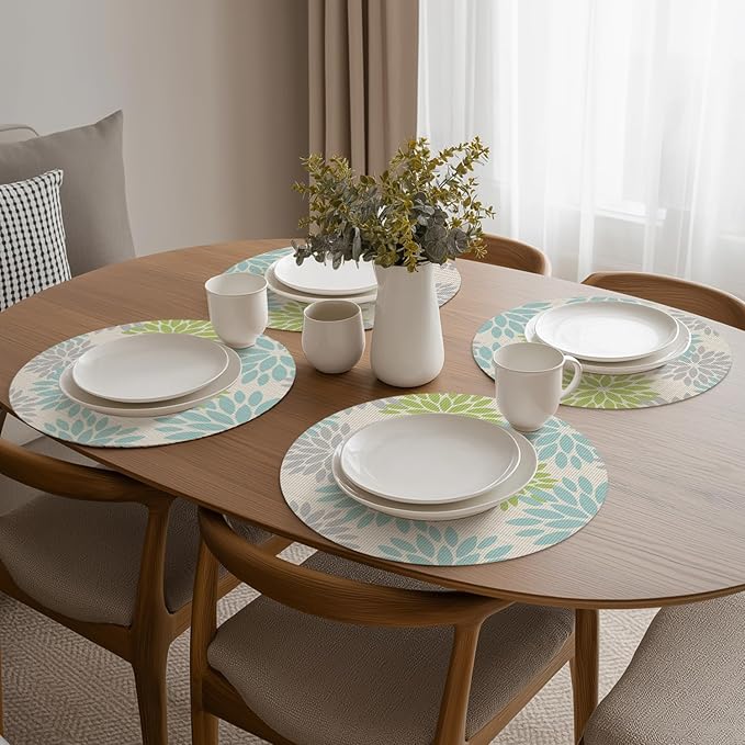 Artoid Mode Sage Dahlia Plastic Round Placemats Set of 4, 14 Inch Seasonal Washable Woven Vinyl Table Mats for Farmhouse Party Kitchen Dining Decor