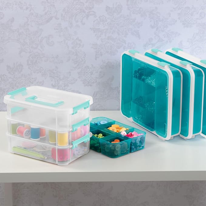 Sterilite 6 Pack Plastic Storage Box Container, 3 Layer, Stack and Carry, Clear/Blue