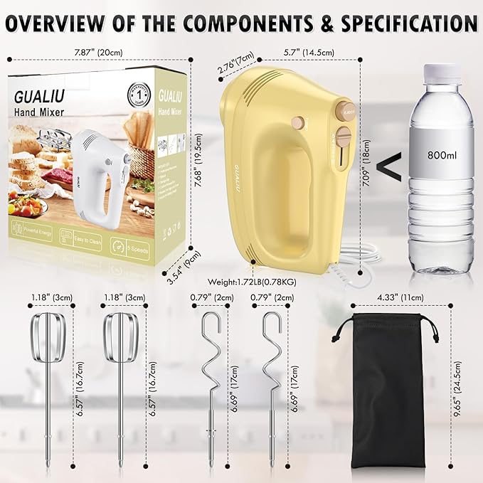 GUALIU Electric Hand Mixer with Stainless Steel Whisk, Dough Hook Attachment and Storage Bag, Handheld Mixer for Baking Cakes, Eggs, Cream Food Mixers. Turbo Boost /5 Speed Kitchen Blender Yellow