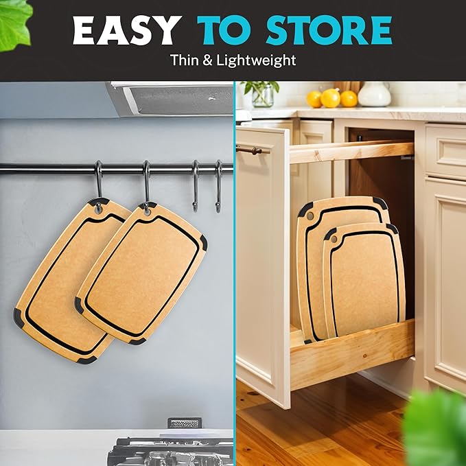 Dishwasher Safe Cutting Boards for Kitchen - Set of 2 Large Composite Wood Cutting Boards with Juice Groove, Non-Slip Feet & Lightweight Eco-Friendly Design 14.5" x 11" and 11.7" x 9.3"