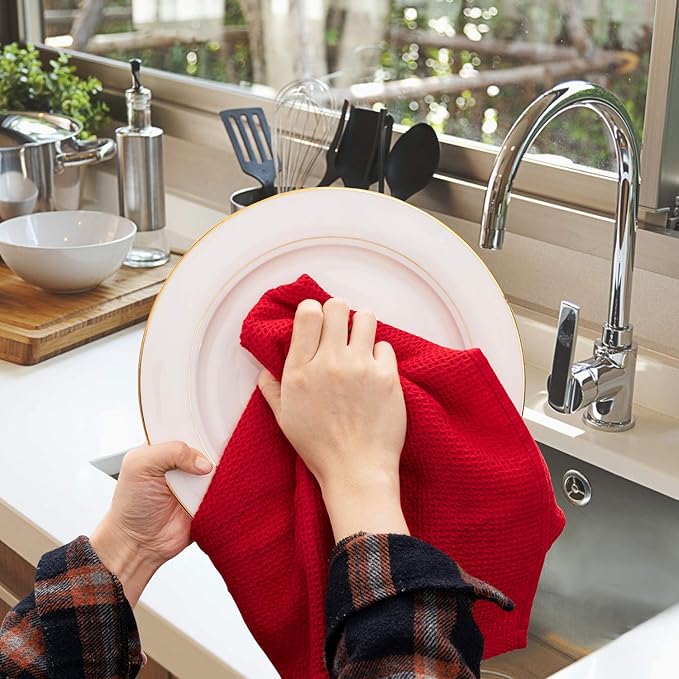 joybest Cotton Kitchen Towels, 4-Pack Waffle Weave Ultra Soft Absorbent Dish Towels Quick Drying Kitchen Dish Cloths, 18 in x 28 in, Red