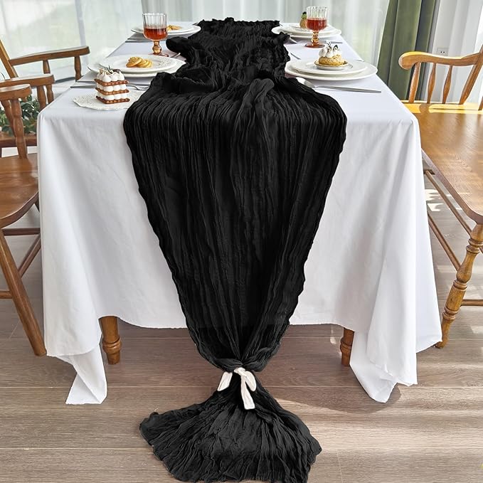 IVAPUPU 2 Pcs Cheesecloth Table Runner - 10ft Black Spring Boho Gauze Black Cheese Cloth Table Runners for Indoor Baby Shower Decorations Wedding Party Garden Decor