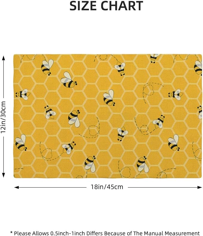 Mustard Yellow Placemats Set of 4 Cute Honey Bee Summer Decor Place Mats 12x18 Inch Honeycomb Seasonal Holiday Decorative Linen Table Mats for Home Kitchen Dining Party Table Decoration