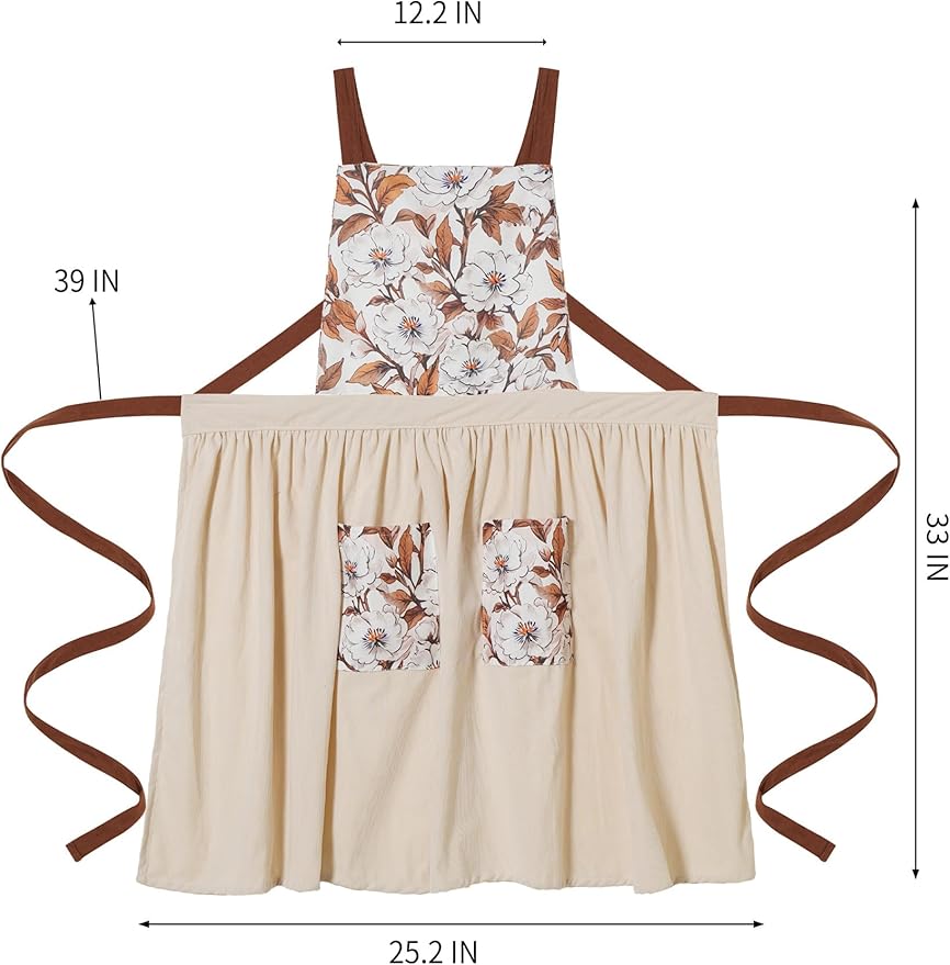 Pinknoke Vintage Pinafore Apron Dress for Women with Pockets Cute Floral Chef Aprons for Kitchen Cooking Baking Gardening