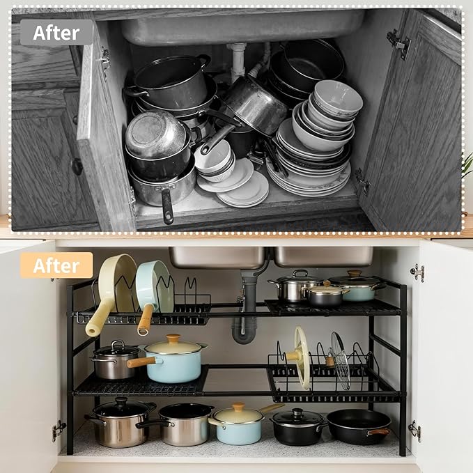 Pots and Pans Organizer Under Cabinet, Expandable Length, Adjustable Height Under Sink Shelf 2 Tier with 10 Dividers Under Cabinet Shelf, Pot and Pan Lid Holder Rack (Black)