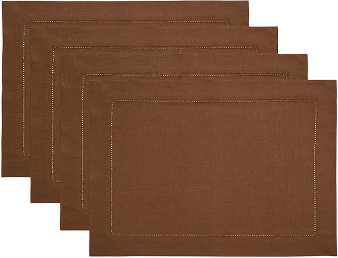 Solino Home Linen Placemats Set of 4 - Classic Hemstitch Brown Placemats 14 x 19 Inch - 100% Pure Linen Table Mats for Mothers Day