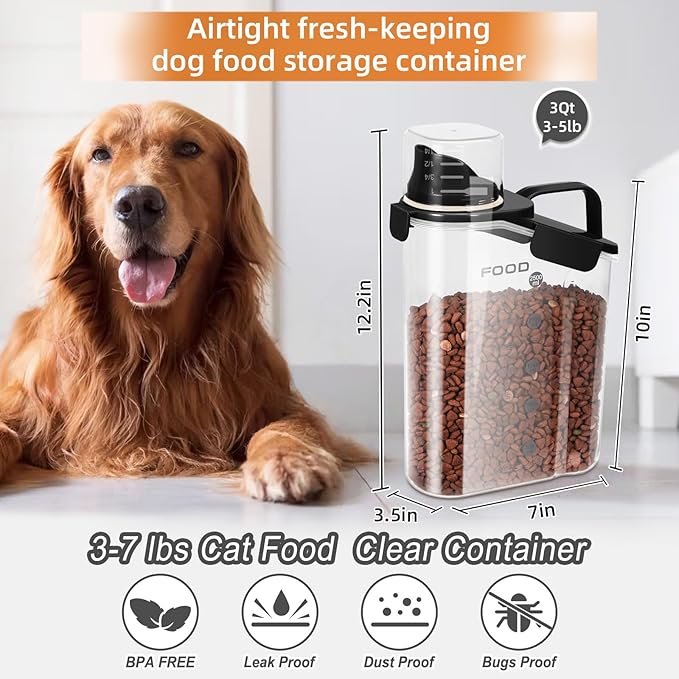 LEAWALK 3-5LBS Airtight Pet Food Storage Container PBA-free,With Large Nozzle/Measuring Cup/ 4 Press Buckle for Dogs, Cats, Birds, Chicken Lndoor and Outdoor Use (Black + Beige) 2 Pack