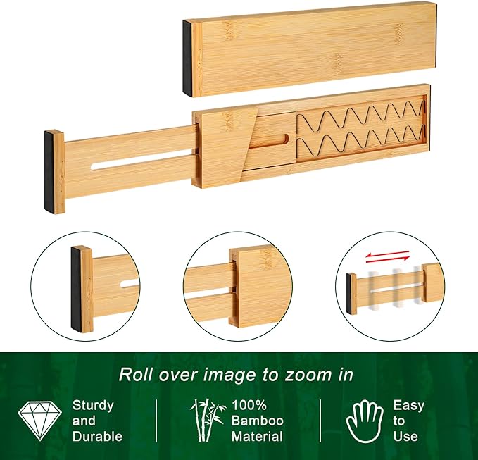 4 Pack Bamboo Kitchen Drawer Dividers with Inserts 2.6" High, Adjustable from 12.5 Inch to 21.7 Inch Drawer Organizers, Expandable Drawer Separators for Clothes, Bedroom, Dresser, Office (Beige)
