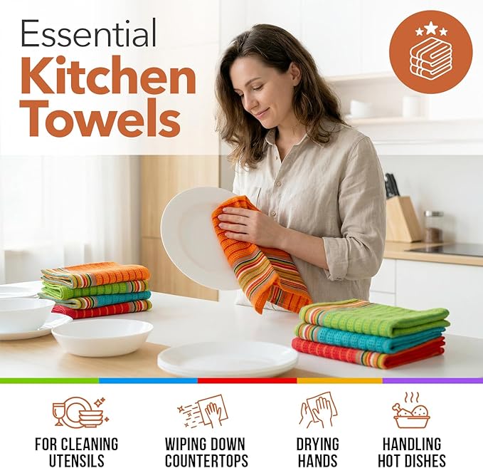 TEXAS LINEN CO. Kitchen Dish Towels, 100% Cotton Salsa Towels, Set of 12 (16x28 Inches), Multi Purpose Cooking Drying Restaurant Bar Cleaning Cloth Napkin, Highly Absorbent, Lint Free, Multi-Color
