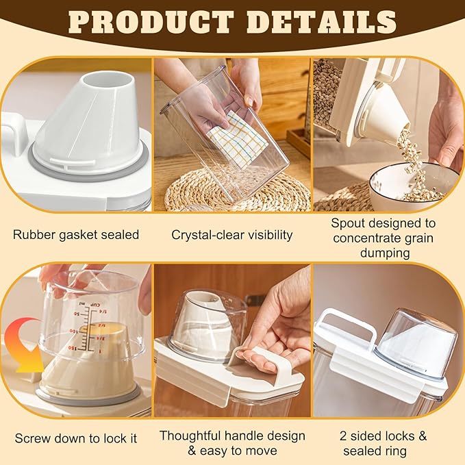 Upgraded Cereal Storage Container Set of 2 - 1700ML (57oz) Airtight Food Storage Organizer with Pour Spout & Measuring Cup for Rice, Flour, Sugar, Oatmeal, Pet Dog Cat Bird Food Dry Food Keep Fresh