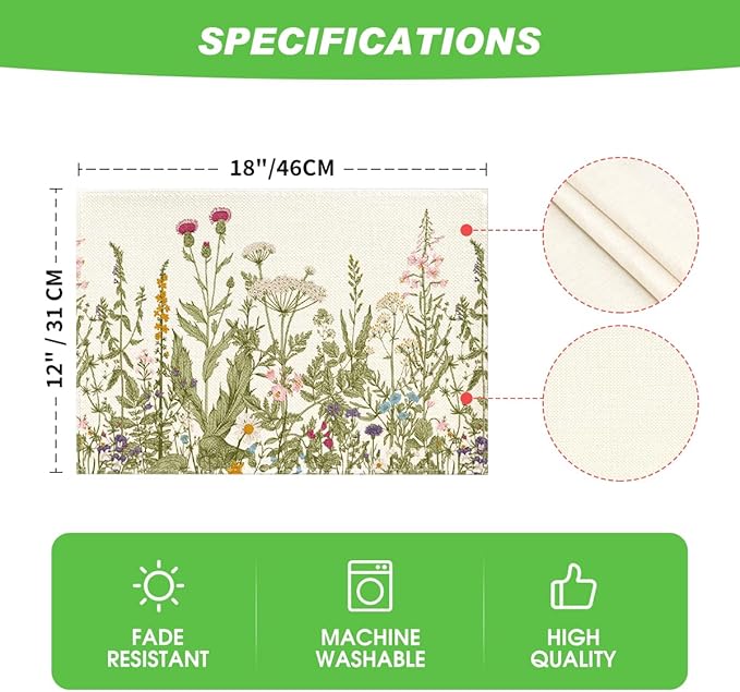 Artoid Mode Antique Herbs and Wild Flowers Summer Placemats Set of 8, 12x18 Inch Seasonal Wildflower Spring Table Mats for Party Kitchen Dining Decoration