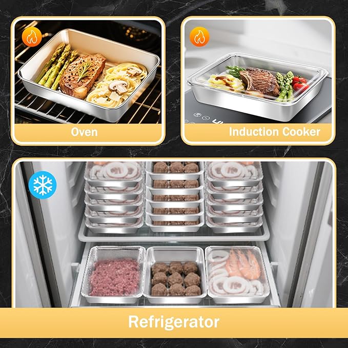 3-Pack Stainless Steel Food Storage Containers with Clear Lids - Stackable Meal Prep Trays for Lunch, Leftovers, Freezer & Dishwasher Safe(10x7.68x2.1in)