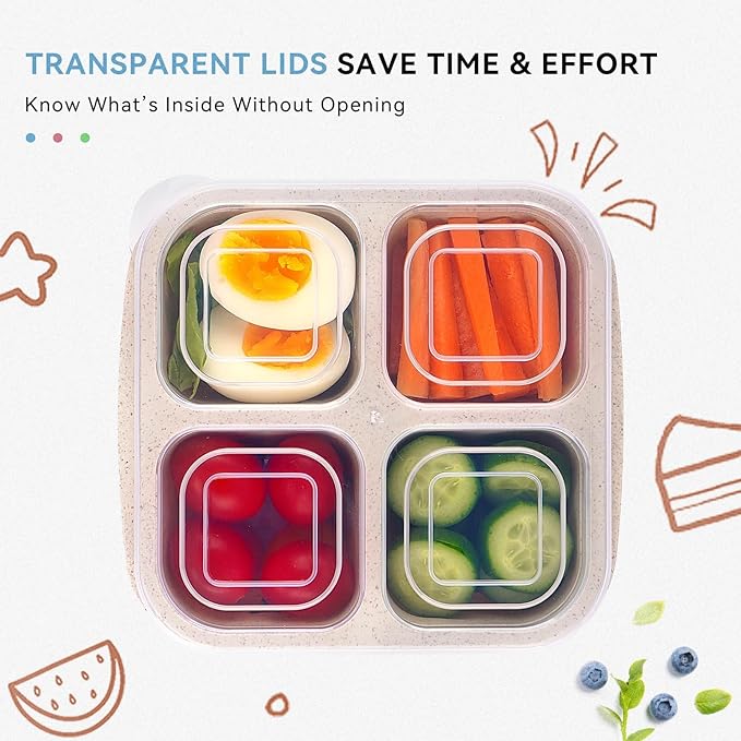 8 Pack Snack Box Container, 4 Compartments Bento Snack Containers for Organized Meal Prep, Reusable Divided Lunch Food Storage Containers for Work, Picnic– Microwave, Dishwasher, Freezer Safe