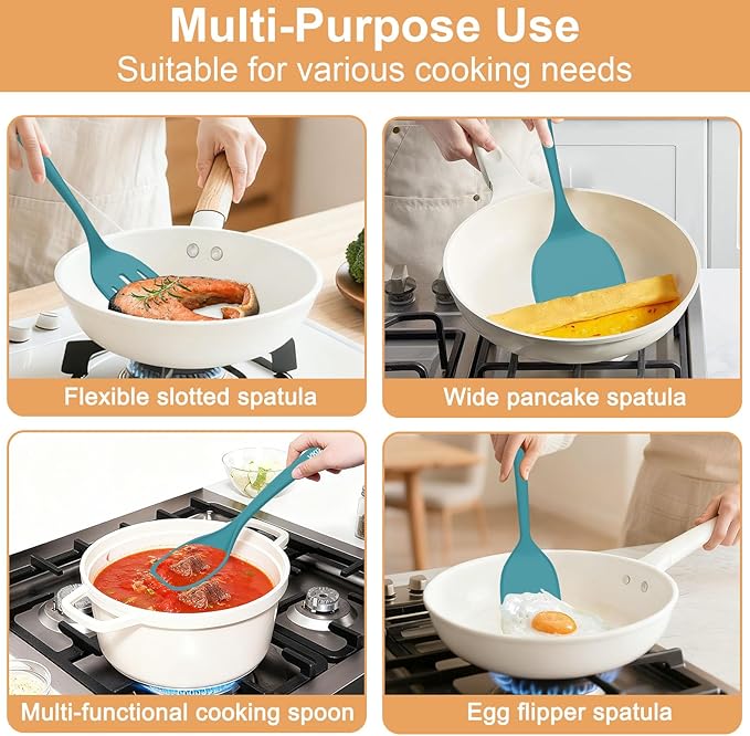 Silicone Spatula Turner Set, 4 Pack, 600°F Heat Resistant Cooking Spatulas, Spoons, BPA Free & Non-Stick Kitchen Utensils, Ideal for Flipping Egg, Pancake, and Serving, Dishwasher Safe (Blue)