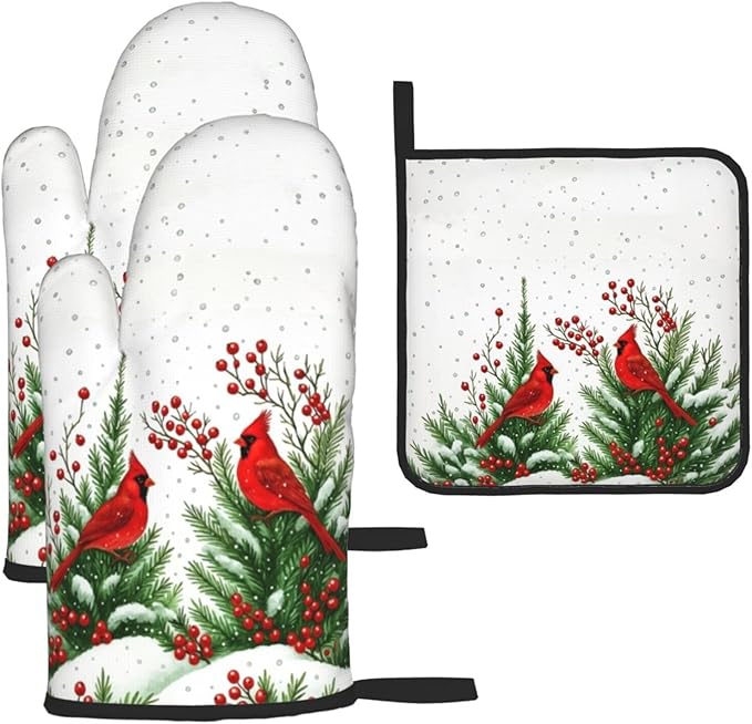 Red Cardinal Christmas Pot Holders and Oven Mitts Set, Christmas Holiday Oven Gloves Hot Pads for Baking Cooking Grilling BBQ, Cardinal Holiday Decor & Gifts for Women Baker Chef ﻿