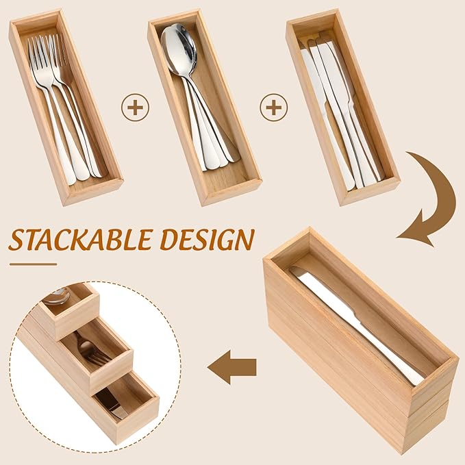 Baderke 3 Pcs Bamboo Drawer Organizer 10 x 3 x 2'' Kitchen Silverware Organizer Tray Long Stackable Storage Box Wooden Utensil Holder with Silverware Set for Kitchen Bathroom Cabinet(Natural)