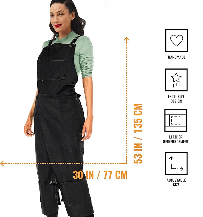 Under NY Sky Pottery Gray Apron – Full Cover Cross-Back, Durable Denim, Leather Reinforcement and Overlapping Split-Leg – Adjustable for Men and Women – Pro Pottery Artist, Mechanic