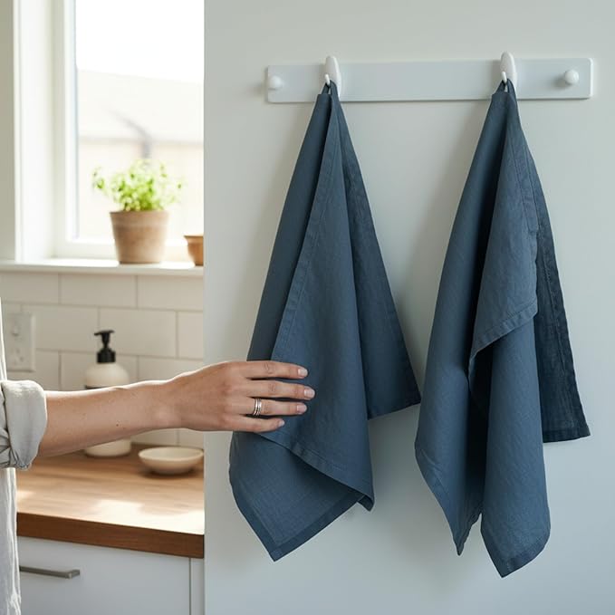 Linen Kitchen Dish Towels – 20” x 27” – 100% Pure Stonewashed Linen Hemstitch Hand Towel/Tea Towel - Set of 2 (Soft Teal Blue)