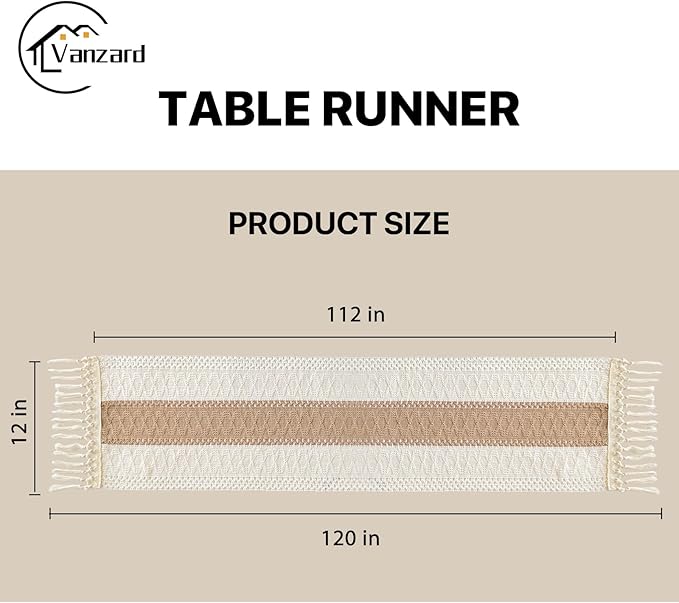 Boho Table Runner for Home Decor with Tassels 120 Inches Long Farmhouse Rustic Cream & Brown Table Runner Macrame Burlap Table Decoration for Living Room Bridal Shower(12x120 in, Fringe Included)