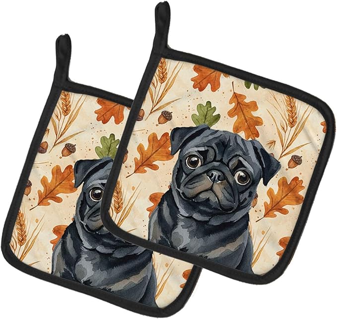 Caroline's Treasures Black Pug Heirloom Fall Pair of Pot Holders Pair 7.5x7.5 Quilted Insulated Hot Pads Decorative Kitchen Gift Made in USA