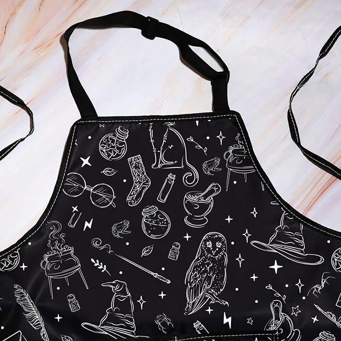 WZMPA Magic Wizard Kitchen Apron With Pockets Spooky Witch Gift Gothic Magic Adjustable Apron For Cooking Baking Grilling