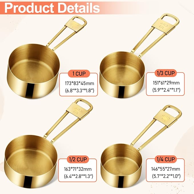 9 PCS GOLD Stainless Steel Measuring Cups and Spoons Set, Gold Nesting Design Teaspoon Stackable Cups and Spoons Heavy Duty Measuring Cup Set for Dry and Liquid Ingredients and Baking, Cooking(Golden)