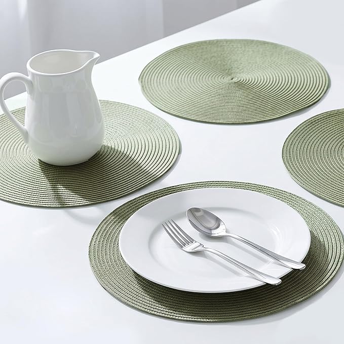AHHFSMEI Round Placemats Set of 8 Heat Resistant Washable Non-Slip Woven Braided Table Mats for Dining Table Kitchen & Home Decor (Sage Green,8)