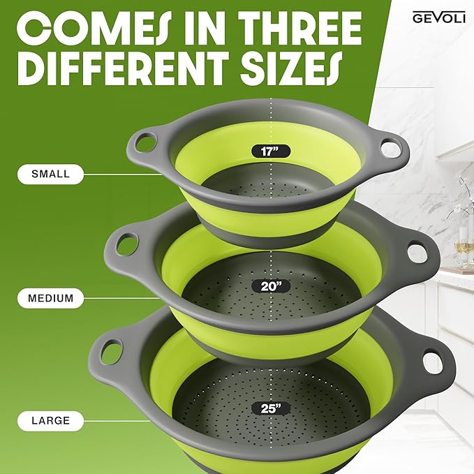Gevoli 3-Pack Collapsible Colanders with Self-Draining Base, Over Sink-edge Silicone Food Strainers, Small/Med/Large Sizes, Nesting for Easy Compact Storage (3Qt, 4Qt, 5-Quart Set) Green/Gray