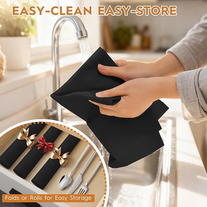 Placemats Set of 6 Linen Type Fabric Cloth Placemats, 18x12 Inch Double Layered Thick Wrinkle Free Heat Resistant Table Place, for Dining, Kitchen, Party (45 * 30cm, Black)