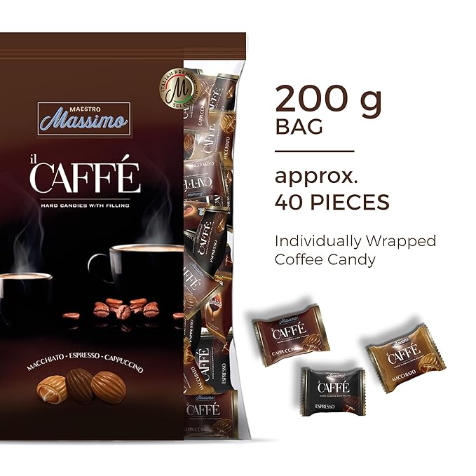 Maestro Massimo Assorted Coffee Candy - Individually Wrapped 7.05 oz Bag, 3mg Caffeine per Hard Candy, Original Espresso, Macchiato, Cappuccino Flavored, Made with Bold Arabica Coffee (Pack of 1)