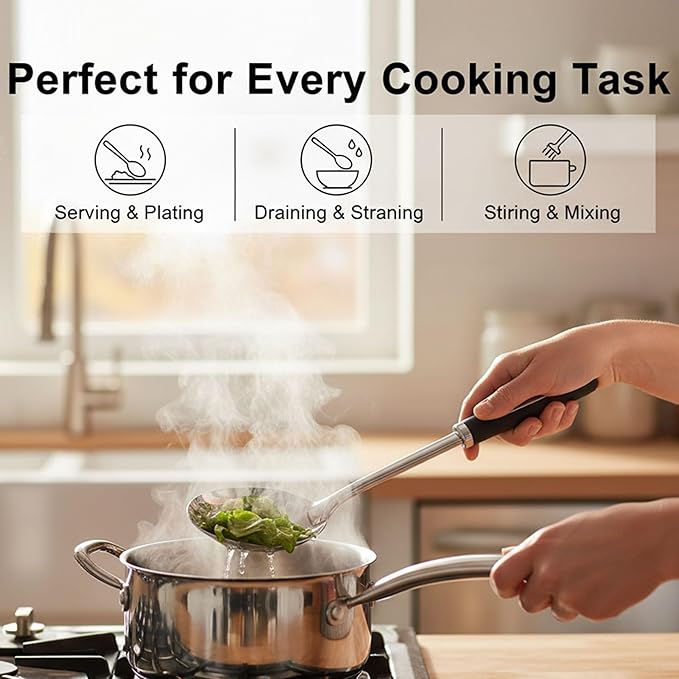 Stainless Steel Cooking Spoons Set – Includes Slotted Spoon, Serving Spoon & Soup Ladle, Heat-Resistant, Dishwasher Safe, Ergonomic Handles for Home & Commercial Use