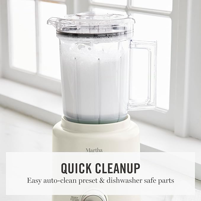Martha Stewart Countertop Blender, 50oz Jar, 6 Stainless Steel Blades 3 Speeds & 5 Presets, Auto Clean, Smoothies, Crush Ice, Shakes, Chop, Margarita, Measurement Markings, 700W, Linen Cream