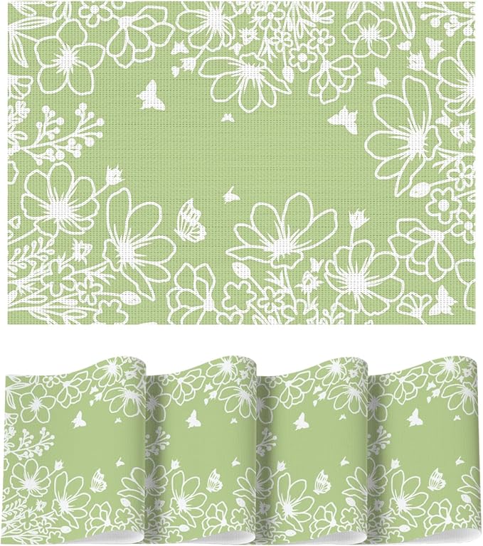 Artoid Mode Green Weed Wild Flower Placemats Set of 4, 12x18 Inch Plastic Woven Washable Non-Slip PVC Place Mats for Party Kitchen Dining Decor