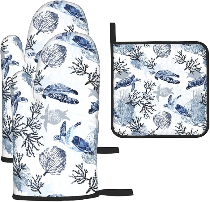 Navy Blue Ocean Sea Turtle Oven Mitts and Pot Holders Sets of 3, Heat Resistant Non-Slip Gift for Cooking Enthusiasts, Coastal Beach Nautical Coral Kitchen Gloves for Baking BBQ Cooking Grilling Decor