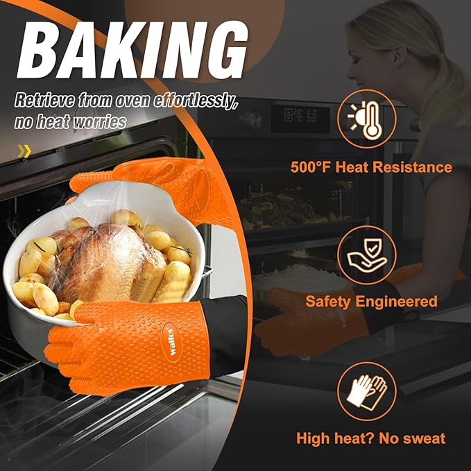 Walfos Silicone BBQ Gloves - Heat Resistant Grilling Gloves Set with Pork Shredder Claws & Brush, Non-Slip Kitchen Silicone Oven Mitt with Protective Cotton Layer, Suit for Indoor & Outdoor, Orange
