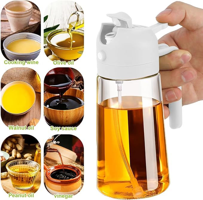 3 Pack 16oz/470 ml Olive Oil Dispenser Bottle 2 in 1 Clear Glass Oil Sprayer and Container Refillable Dispenser with Automatic Cap Portable Spray Bottle for Cooking Baking White