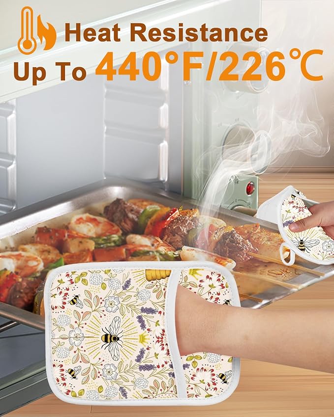 Swooflia 100% Cotton Pot Holders 2 Pack Set for Kitchen with Pockets - Cute 440°F Heat Resistant Oven Hot Pads Heavy Duty for Countertop Home Cooking Baking Microwave BBQ Bee