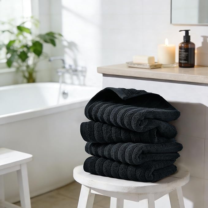 Jacquotha 4-Pack Bathroom Hand Towels (Black) Ribbed – Guest Room & Spa Premium Cotton Face Towels 13” x 29”, Soft and Quick Drying 470 GSM