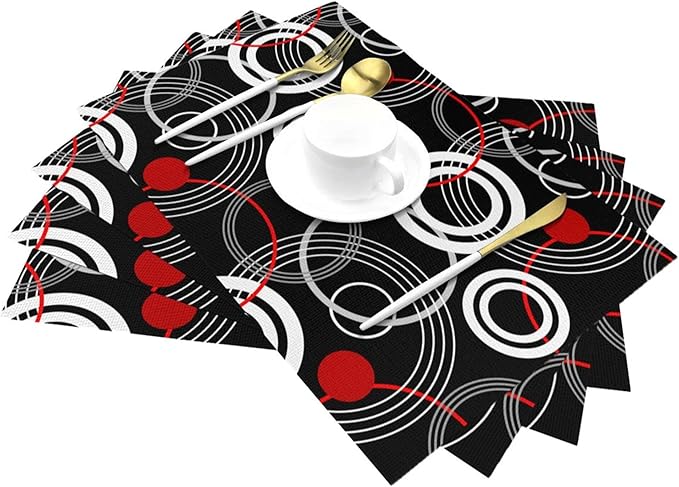 Black Red Placemats Set of 4, Geometric Linen Dining Table Mat, Washable Heat Resistant Place Mats for Kitchen Dining Holiday Party Home Decor