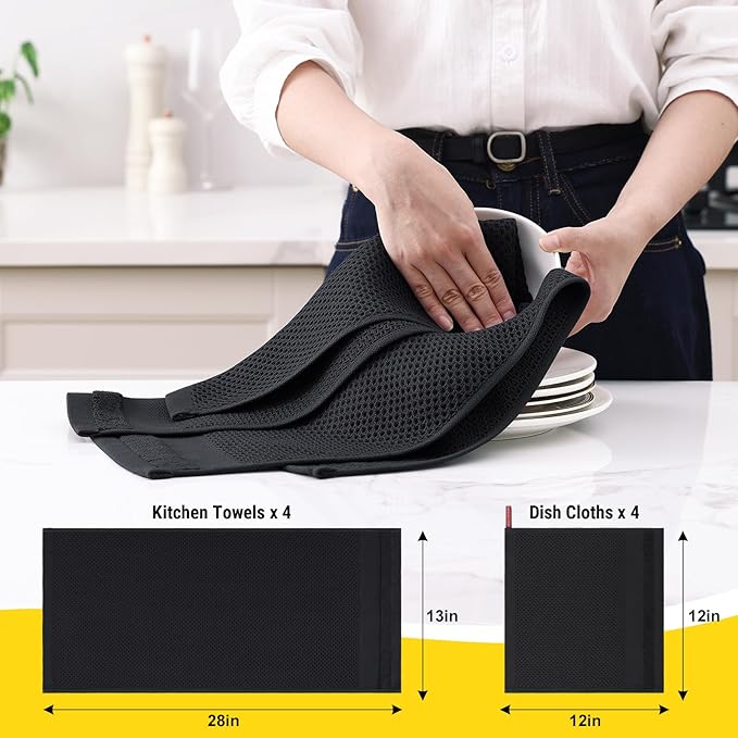 Homaxy Kitchen Towels and Dishcloths Set, 12 x 12 and 13 x 28 Inches, Set of 12 100% Cotton Waffle Weave Kitchen Towels, Super Soft and Absorbent Dish Cloths, Black