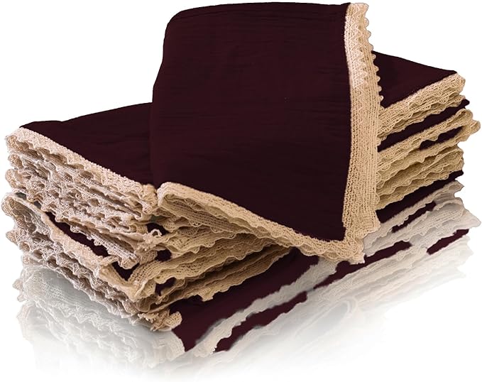 Fingercraft Dinner Cloth Napkin Cotton Muslin Double Gauze 8 Pack with Classic Lace for Everyday Use, Wedding, Party, Christmas, Easter Napkins Cloth are Pre Shrunk and Good Absorbency Chocolate