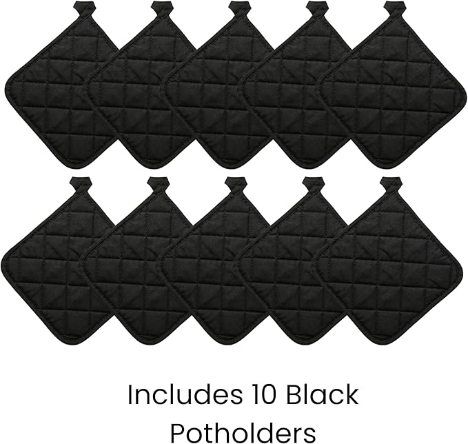 Lobyn Value Packs Economical Lightweight Bulk Potholders Ten (10) Pack Everyday Quality 6.5" Square Perfect for Craft Projects Black