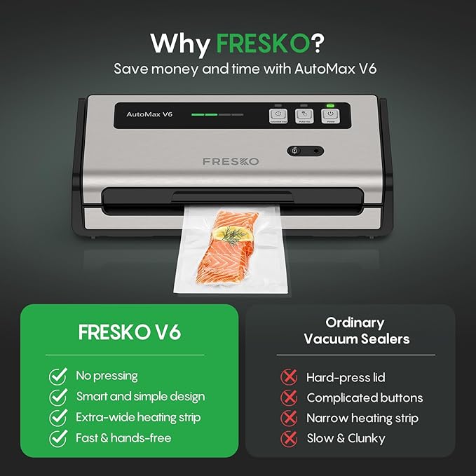 FRESKO Food Vacuum Sealer with Automatic Bag Detection, 0.2-inch Widened Heating Strip, Built-in Bag Roll Storage & Cutter, 2 Rolls Bags, Starter Kit