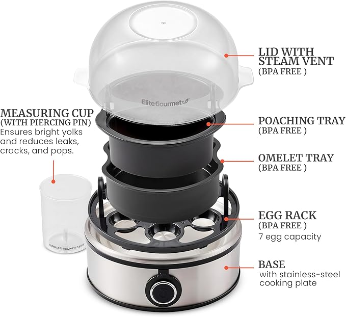 Elite Gourmet EGC855SS Easy Egg Cooker, 7-Egg Capacity, Soft, Medium, Hard-Boiled, Omelets, Poached Eggs, Plays Melody when Done, Auto Shut-Off, Measuring Cup, Stainless Steel