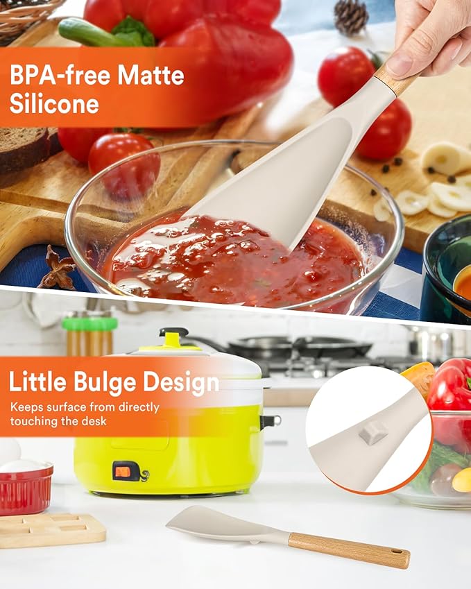 Cooking Spoon for Nonstick Cookwares, Great for Cooking and Serving Sturdy BPA-Free Matte Silicone, Wood Handle Spoon for Mixing, Scoop, and Scrape (2 Pack of Khaki, 13.4 inch)