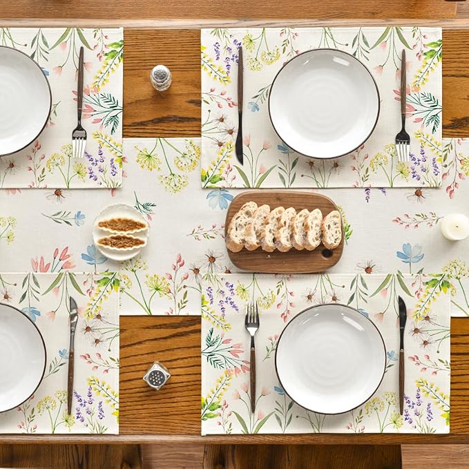 Artoid Mode Flowers Floral Summer Placemats Set of 4, 12x18 Inch Seasonal Spring Table Mats for Party Kitchen Wedding Dining Decoration