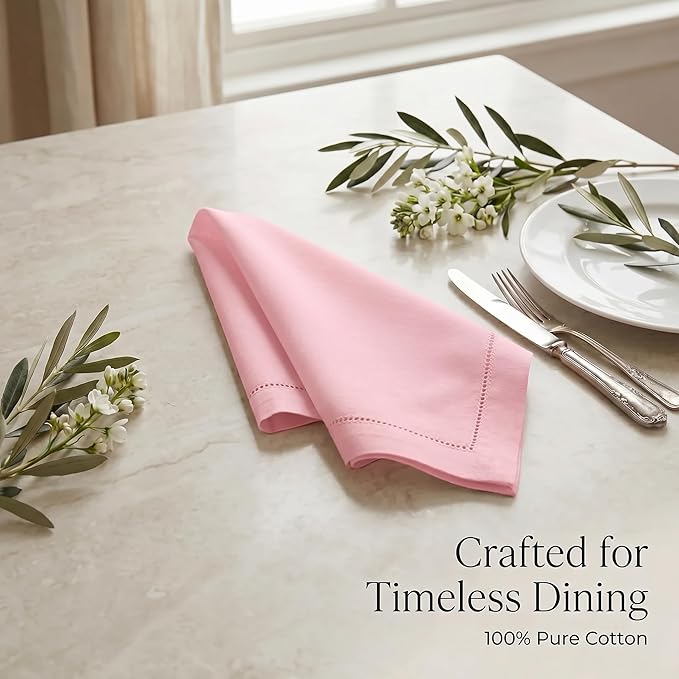 Urban Villa Pink Cloth Napkins Set of 12 | 20x20 100% Cotton | Hemstitch Dinner Napkins for Weddings, Parties & Easter